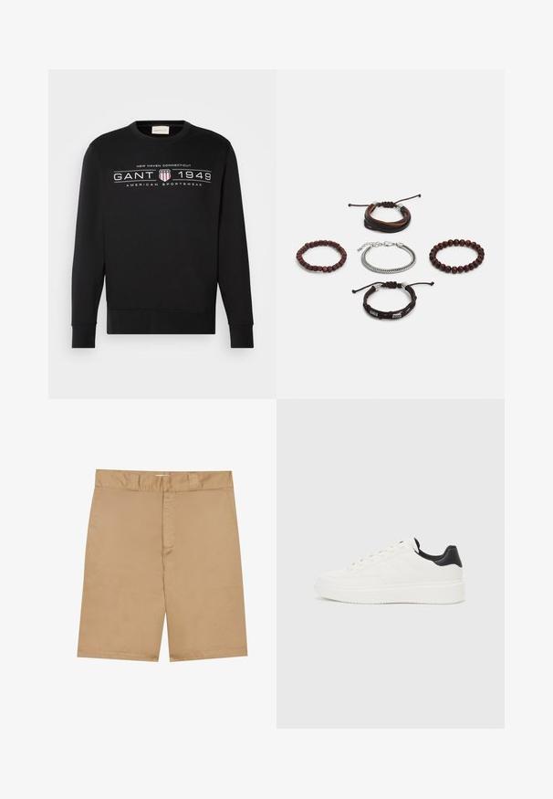 Felpa nera in cotone, con scollatura a girocollo, maniche lunghe e stampa grafica con "GANT 1949" e emblema a scudo sul davanti.; Pantaloncini khaki con vita piatta, chiusura con zip anteriore e tasche laterali; realizzati in un tessuto liscio e leggero con una leggera trama.; Sneaker in pelle bianca con motivo stampato, suola intermedia bianca testurizzata e accentuazione nera sul tallone. Presenta punta arrotondata e lacci piatti.; Set di cinque bracciali caratterizzati da pelle marrone, perline di legno e una catena in argento; texture e forme variabili, con chiusure regolabili.
