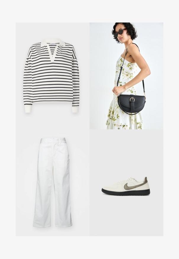 Pulover z dolgimi rokavi v beli barvi z črnimi vodoravnimi črtami. Ima ovratnik v obliki črke V in enake manšete, izdelan je iz mehkega materiala.; Bele hlače širokega kroja iz bombaža, z gladko teksturo, pravim fitom, sprednjimi žepi in čistim robom.; Nike Sportswear FIELD GENERAL - Športni copati - off-white/black; Črna usnjena torbica s ukrivljeno obliko, z odstranljivo naramnico in zlatimi dodatki. Torbica ima pokrov s podrobnostmi v obliki zaponke.