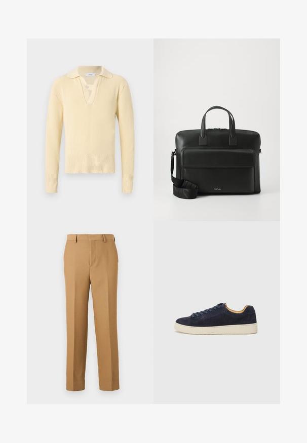 Vaaleankeltainen raidoitettu neulepusero, jossa on kauluskäänne, yksittäinen nappisulku kauluksessa ja teksturoitu neulemuotoilu.; Beige dressipüksid, mis on valmistatud kudumiskangast, omavad sirget lõiget, lapikut esiosa ja vöökohapritsmeid. Sile tekstuur ilma nähtavate mustriteta.; Keinonsin nahka matala tennari pyöreällä varpaalla, vaaleanbeige kumipohja ja yhteensopivat nauhat; ominaisuuksiin kuuluu kontrastoiva vaaleanruskea sisävuori.; Musta nahkainen salkku, jossa on kaksinkertaiset yläpitäjät, etutasku ja irrotettava hihna, ja jossa on huomaamaton merkintä pohjassa.