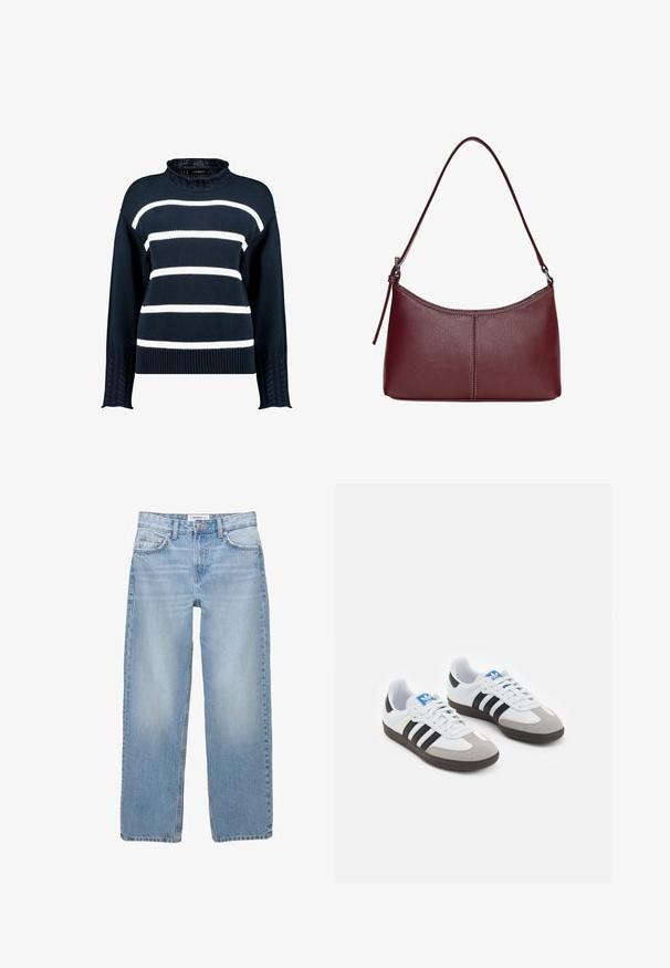 Mörkblå tröja med vita horisontella ränder, med hög krage och texturerad kabelstickning på ärmarna. Klassisk passform och ribbstickad nederkant.; Ljust blå denimjeans med rak bendesign, femficksmodell och synliga sömnadsdetaljer. Tyget har en mjuk, något urtvättad textur.; Sportskor med överdel i vit läder, grå mocka på tårna och tre svarta ränder. Har en blå logotyp på tungan och en texturerad gummisula.; Vinröd läderhandväska med en böjd form, en enkel axelrem och sömnadsdetaljer i mitten. Slät textur, minimal hårdvara.