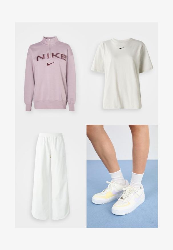 Nike Sportswear LOGO - Športni pulover - light violet ore/platinum violet/burgundy crush; Bela bomba iz bombaža z okroglim ovratnikom in kratkimi rokavi. Ima majhen črn Nike logotip na prsih. Preprost in neopazen dizajn.; Bela športna hlače širokega kroja z rebrastim pasom in diskretno logotipno podrobnostjo. Gladek material z sproščenim krojem in zoženim robom.; Bele usnjene superge z rumenimi in sivimi poudarki, okrogla noska, ravne vezalke in teksturiran gumen podplat. Nosi se z belimi nogavicami.