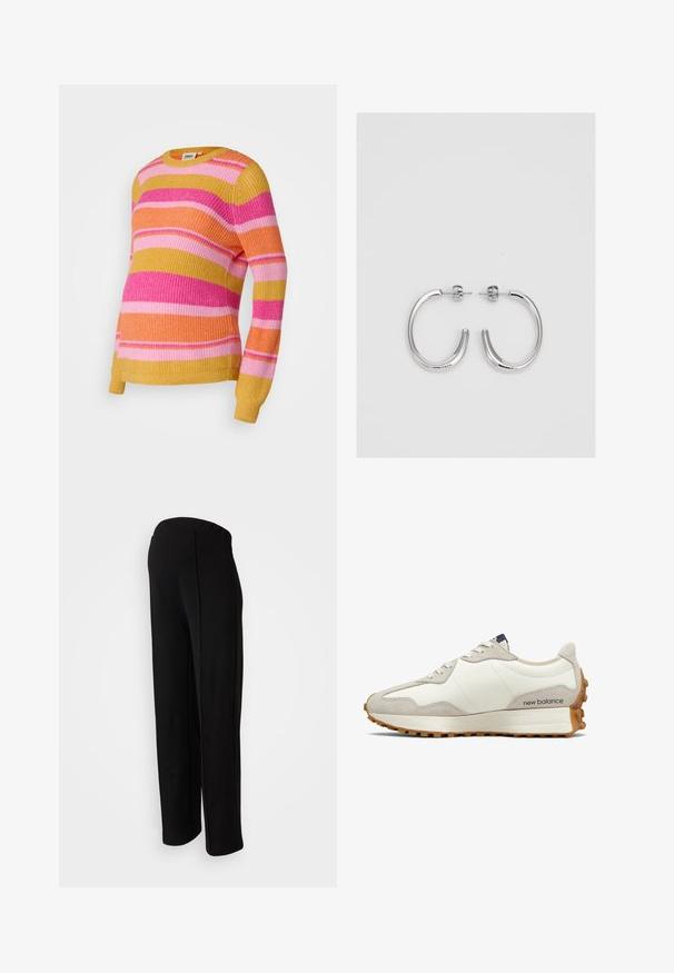 Pulover colorat, cu dungi în nuanțe de roz, portocaliu și galben. Textură ribbată, cu guler tip crew și mâneci lungi.; Pantaloni negri, cu talie înaltă și croi drept, având o textură netedă și fără închideri vizibile, evidențiați de detalii la cusăturile laterale.; Tenisici alba si bej cu un superior din piele neteda, accente din suede, varf rotund si o talpa din cauciuc texturat. Numele brandului imprimat pe lateral.; Cercei rotunzi din argint cu un finisaj neted și strălucitor. Design ușor, având o formă rotundă și închidere cu tijă.