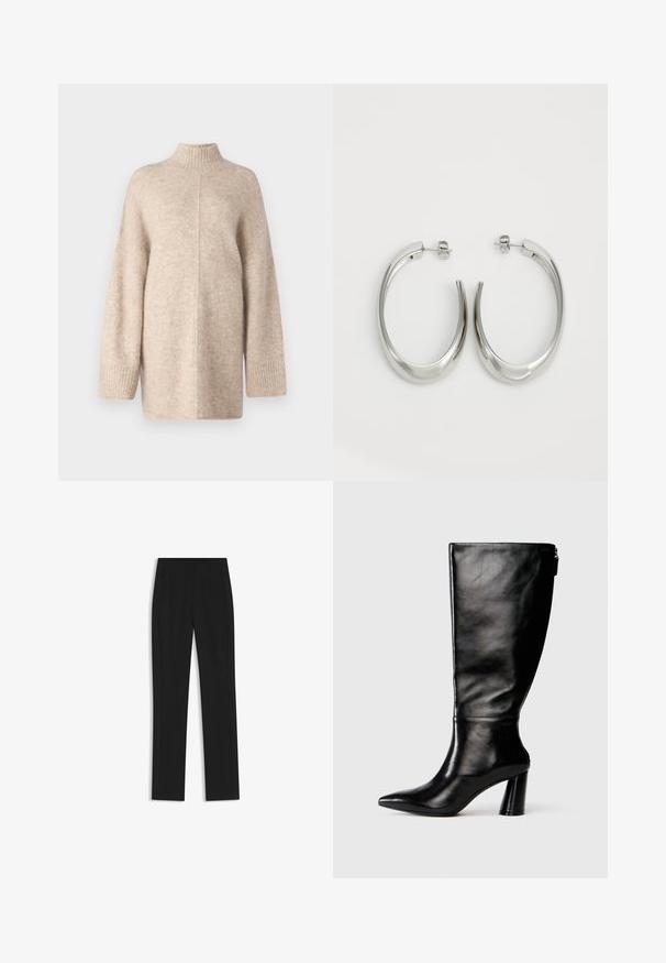 Vaaleanbeige korkeakauluksinen neulepaita, joka on valmistettu pehmeästä, teksturoidusta materiaalista. Pitkät, leveät hihat ja ribboidut hihansuut. Yksinkertainen muotoilu, ei kuvioita tai koristeita.; Mustat räätälöidyt housut suoran lahkeen designilla, joissa on etutaskut ja sileä, teksturoitu kangas. Siistit, minimalistiset yksityiskohdat.; Mustat nahkasaappaat, joissa on terävä kärki, sileä pinta ja paksu korko. Takana on vetoketjuyksityiskohta.; Hope hopeista, joissa on sileä, kaareva muotoilu. Varustettu kiiltävällä metallipinnoitteella ja nappikiinnityksellä. Ei näkyviä kuvioita tai koristeluja.