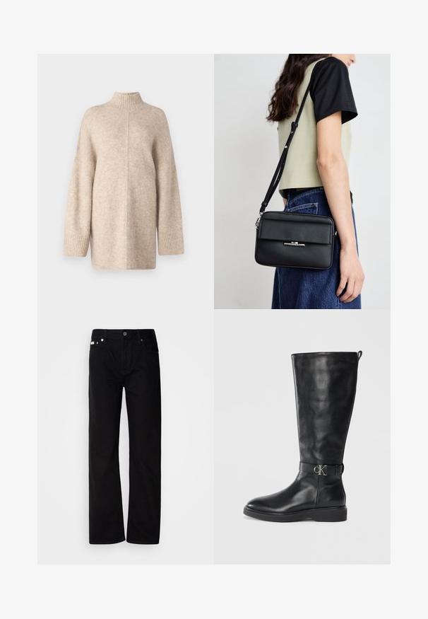 Suéter beige de cuello alto hecho de un material suave y texturizado, con mangas largas y anchas y puños acanalados. Diseño simple, sin patrones ni acentos.; Pantalones de mezclilla negros de pierna recta con cinco bolsillos, remaches plateados y cierre de botones. La tela tiene un acabado liso y ligeramente texturizado.; Bota de cuero negro hasta la rodilla con tacón bajo, punta redonda y correa con hebilla metálica de logo "CK" alrededor del tobillo.; Calvin Klein LINEAR CAMERA BAG - Bandolera - black