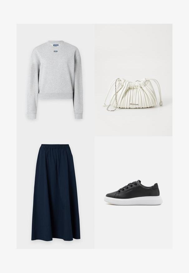 Šedá mikina s kulatým výstřihem, dlouhými rukávy a žebrovanými manžetami. Disponuje malou modrou štítkovou nášivkou na horní části přední strany. Měkká textura.; Námořnická modrá, dlouhá sukně vyrobená z texturované látky s elastickým pasem a jemnými vertikálními pruhy.; Calvin Klein CUPSOLE LACE UP - Tenisky - black; Bílá skládací kabelka z měkkého materiálu. Disponuje stahovací šňůrkou, pletenými rukojeťmi a stříbrnými kovovými akcenty.