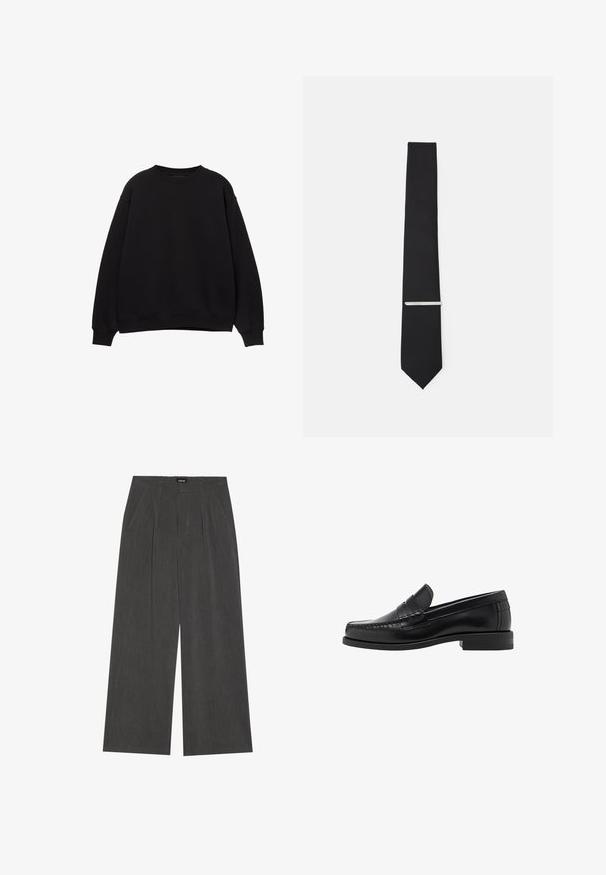 Musta huppari, jossa on pyöreä kaula-aukko, tiputettu olkalinja ja ribbireunat. Valmistettu pehmeästä materiaalista, yksinkertainen ja klassinen muotoilu.; Valkoinen napapaidan paita pitkillä hihoilla, joka on valmistettu sileästä puuvillakankaasta. Klassinen kaulus ja hienovarainen kiilto. Viisi nappia edessä.; Rento-hameet tummanharmaasta kankaasta, jossa on pleidatut etuosat, kaksi sivutaskua ja litteä vyötärö. Sujuva rakenne ja räätälöity muotoilu.; Musta nahkayksilöinen loafersi, jossa on sileä pinta, ommellut yksityiskohdat varpaisiin ja matala kanta mukavuutta ja tyyliä varten.; Musta solmio, joka on valmistettu sileästä kankaasta, kapealla leikkauksella ja hopeisella solmionsiteellä, joka korostaa sen muotoilua.