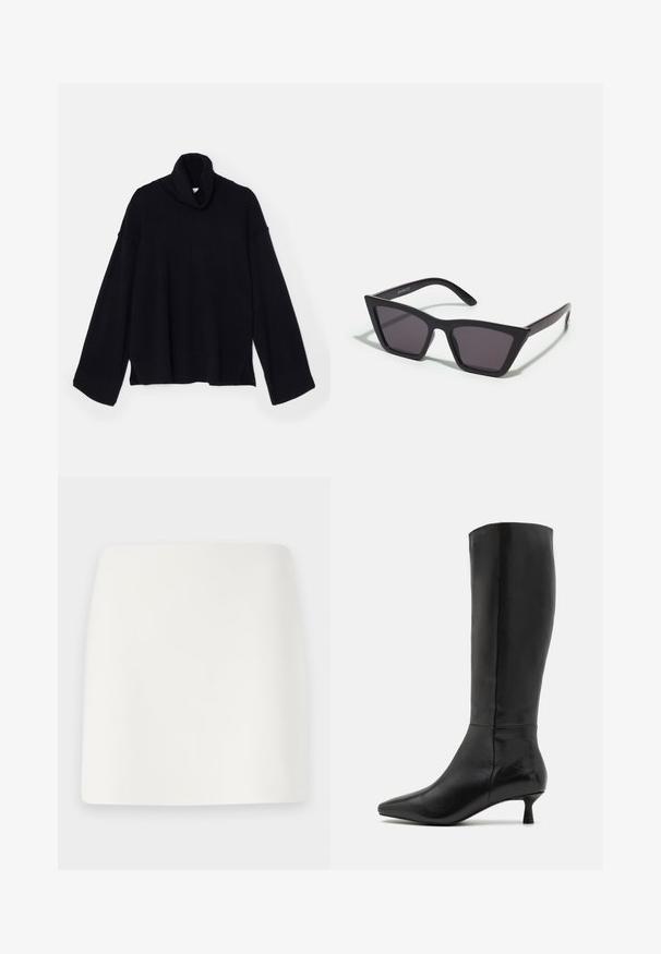 DESIGNERS REMIX COSMO TURTLE - Jumper - black; White, fitted mini skirt with a smooth texture and clean lines. No visible patterns or hardware. Straight hem at the bottom.; Zign Boots - black; Black, angular sunglasses with gray lenses; made of plastic, featuring thick arms with a smooth surface and no visible hardware.; Black suede clutch bag with a zip closure and detachable wrist strap. Features gold-tone hardware and a smooth, matte texture.