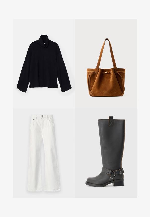 DESIGNERS REMIX COSMO TURTLE - Svetr - black; Bílé džínové zvonové kalhoty s vysokým pasem, pěti kapsami a viditelným švem. Obsahují kovové zapínání na knoflík a zip.; Černé kožené vysoké boty po kolena s texturovaným povrchem, které mají boční kovovou sponu a nízký podpatek. Podrobné šití podél švů.; Hnědá semišová taška s dvojitými uchy, páskem na knoflíkovém uzávěru a uvolněným, mírně pokleslým tvarem.