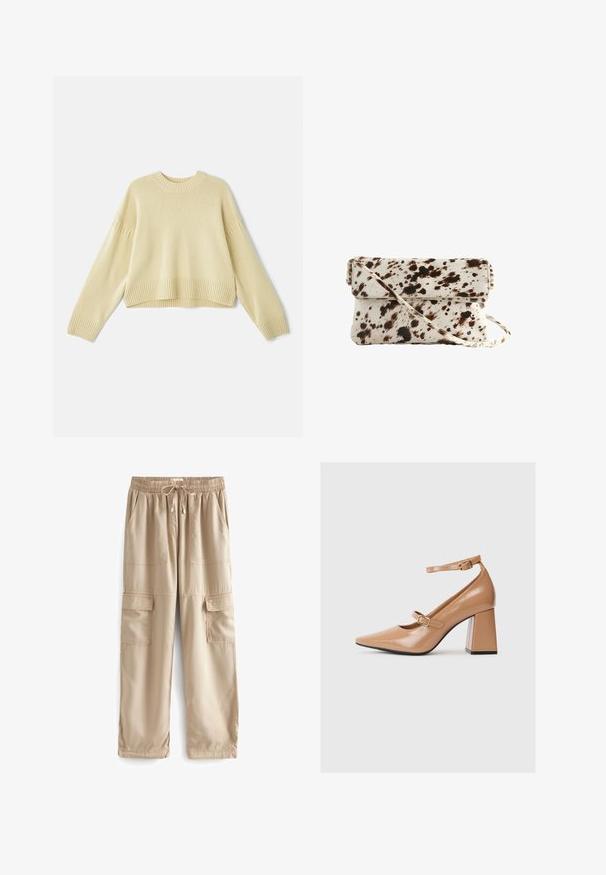Vanessa Bruno ESTHER - Vesta - jaune; Bež cargo hlače napravljene od laganog materijala, s elastičnim pojasom, vezicom i više velikih prednjih džepova.; Bež cipele s visokim potpeticama od patenta, s uperenim prstom, remenom oko gležnja i robusnom kvadratnom potpeticom. Glatka tekstura s sjajnim finišem.; Torba od kravlje kože s kremastom podlogom i tamnosmešnim mrljama, pravokutnog oblika, s preklopom i odvojivim remenom za rame.