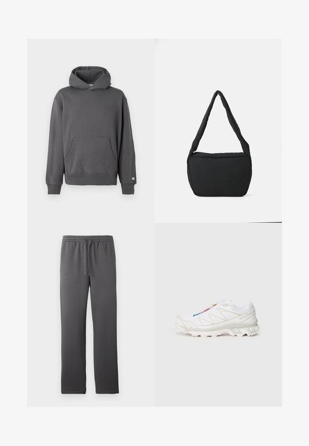 Sweatshirt cinza com capuz, bolso frontal tipo canguru, punhos canelados e cordão de ajuste no capuz. Apresenta um discreto detalhe de logotipo no peito.; Calças atléticas cinzentas com cintura elástica, cordão e uma textura suave. Apresentam um design de perna reta e sem bolsos visíveis.; Sapatilha atlética branca com parte superior em malha texturada, detalhes refletivos e sola acolchoada. Logótipo da marca destacado na lateral.; Saco preto de ombro com uma textura almofadada, uma forma arredondada e uma alça larga, apresentando um logótipo em relevo na parte da frente.