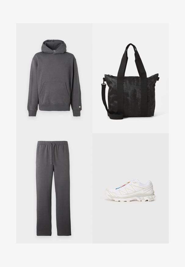 Pilkas megztinis su kapuce, su priekiu kengūros kišenėje, gumuotomis rankovėmis ir raišteliu. Krūtinėje yra subtilus logotipo dizainas.; Pilkos sportinės kelnės su elastinga juosmeniu, raišteliu ir lygiu paviršiumi. Turi tiesią kojos formą ir nėra matomų kišenių.; Baltas sportinis batelis su tekstūruotu tinkliniu viršumi, atspindinčiais akcentais ir paminkštintu padu. Išskirtinis prekės ženklo logotipas šone.; Juodas pirkinių krepšys su tekstūruotu audiniu, dviem viršutinėmis rankenomis ir nuimamu petiniu diržu. Yra užtrauktuku uždaroma kišenė saugiam daiktų laikymui.
