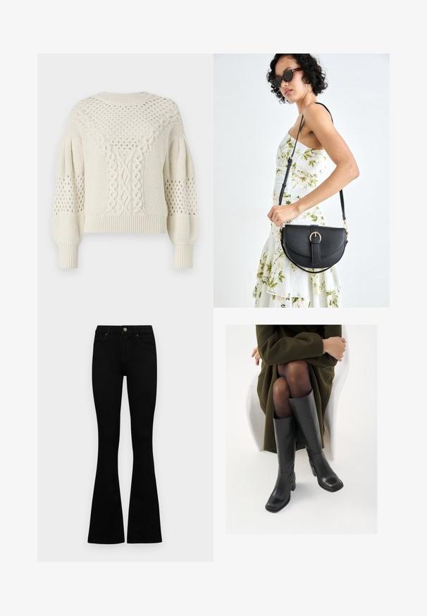 Tejjel készült, világos krémszínű, rövidített pulóver, fonott mintázattal, nyitott részekkel és bordázott mandzsettákkal. A válltömésen texturált minta található.; Fekete, magas derekú farmernadrág gomb- és cipzárzárral, elülső zsebekkel és harangszárral, laposan egy fehér háttérre terítve.; Térdfelett érő fekete bőr csizmák négyzet alakú orral és tömbtalppal, olajzöld kabátban ülő modellel bemutatva. Simaság, minimalista részletezés.; Fekete bőrtáska ívelt formával, levehető pánttal és arany színű fémrészekkel. A táskán egy csattal díszített fedél található.