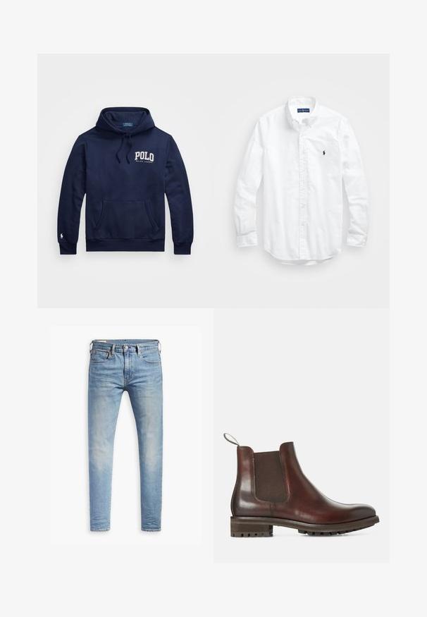 Sweatshirt azul marinho feito de mistura de algodão, apresentando um bolso canguru na frente, capuz com cordão e bordado branco "POLO" no peito.; Camisa de botões de manga longa branca em algodão. Apresenta um colarinho clássico, punhos com botão e um pequeno logótipo bordado em azul-marinho no peito.; Jeans slim fit em azul claro com leve desbotamento nas coxas, fecho frontal por botão, passantes para cinto e estilo de cinco bolsos sobre um fundo branco.; Botas Chelsea de couro castanho com painéis laterais elásticos, aba para puxar e sola de borracha texturizada. Acabamento liso com salto baixo resistente.