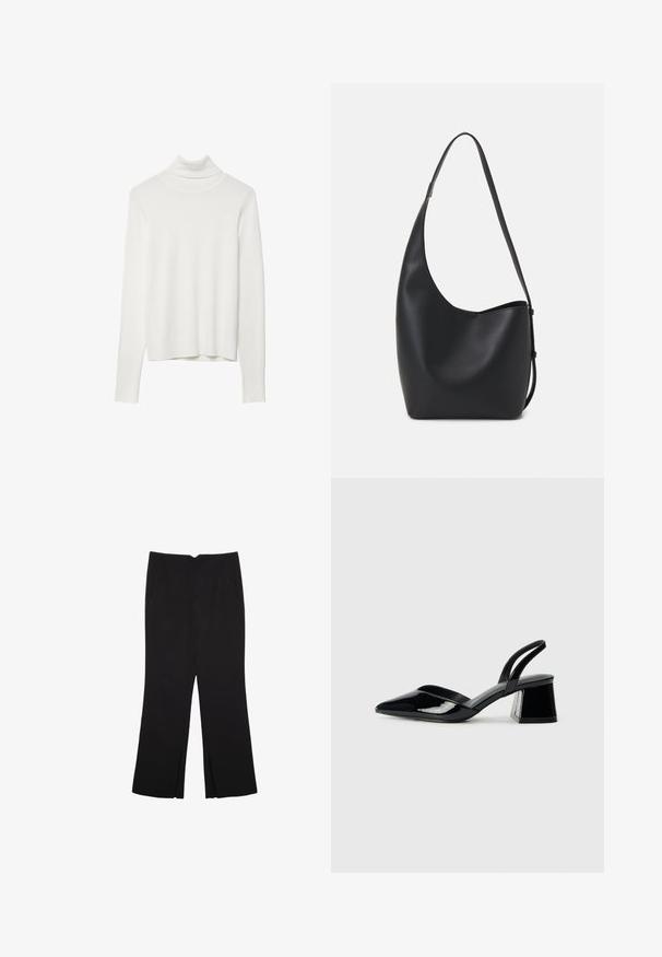 Vit polotröja med långa ärmar, ribbad textur, figursydd design och rak nederkant, tillverkad av mjukt stickat material.; Svarta byxor med rak passform, utrustade med framfickor och sidoklyvningar vid fållen. Tillverkade av mjukt, slätt tyg. Lämpliga för olika tillfällen.; Svarta lackläder slingback klackar med spetsig tå och geometrisk klack. Har en elegant, minimalistisk design och slät yta.; Svart läder hobo-väska med en slät textur, kurvig form och en justerbar axelrem; har en bred öppning upptill.