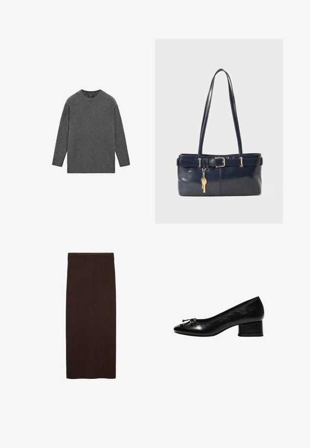 Maglione a maniche lunghe con scollo rotondo in tessuto a maglia di un grigio scuro uniforme, con orlo dritto e vestibilità rilassata.; Maglietta a maniche lunghe bianca con colletto girocollo e etichetta "WEEKDAY" all'interno del colletto, posata su uno sfondo grigio chiaro.; Gonna midi in maglia marrone con una vestibilità aderente, texture liscia, senza motivi visibili e un design semplice e pulito senza decorazioni.; Décolleté in pelle verniciata nera con punta arrotondata, tacco a blocco piccolo e dettagli in fiocco sulla parte anteriore. Texture liscia con una finitura lucida.; Borsa a mano in pelle blu con due manici lunghi, un dettaglio con fibbia e un portachiavi attaccato. Presenta una texture liscia e una forma rettangolare.