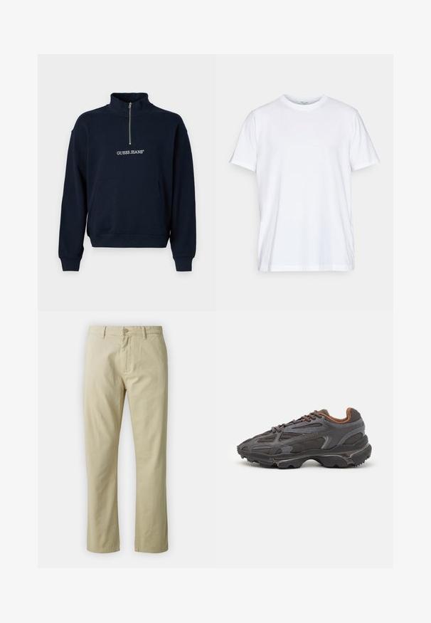 Navy blue fleece pullover with a half zip and high collar, featuring a front kangaroo pocket and "GUESS JEANS" logo in white embroidery.; White cotton t-shirt with short sleeves, round crew neckline, and a relaxed fit. Features minimalistic design, no patterns or accents.; Beige cotton trousers with a straight-leg design, front button closure, and belt loops. Smooth texture, no visible patterns or accents.; Lacoste sneakers in dark gray with mesh and synthetic material, featuring a textured sole and brown accents on the collar and branding.