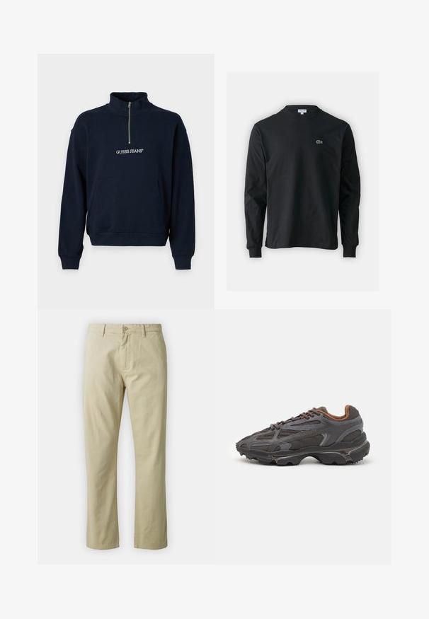 Tmavě modrý fleecový pulovr s půlzipem a vysokým límcem, vybavený přední kapsou ve stylu klokan a bílým vyšívaným logem "GUESS JEANS".; Černé dlouhé rukávy triko vyrobené z bavlny, s kulatým výstřihem a malým zeleným vyšitým logem krokodýla na levé hrudi.; Béžové bavlněné kalhoty s rovnými nohavicemi, předním zapínáním na knoflík a poutky na opasek. Hladká textura, žádné viditelné vzory či akcenty.; Sněrovací boty Lacoste v tmavě šedé barvě s síťovinou a syntetickým materiálem, prezentující texturovanou podrážku a hnědé detaily na límci a logu.