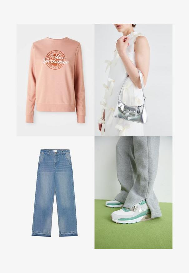 Lys rosa hettegenser laget av myk stoff, med en rundt logo som har "Nike Sportwear" og dekorative elementer i mørkere rosa.; Lys blå høyt liv vid ben jeans med knappelukking, frontlommer, beltehemper og subtile falmede detaljer.; Nike Air Max-sneakers i hvitt med mintfarger, med en teksturert overdel, grå lisser og en synlig luftpute. Brukt med grå joggebukser.; Sølvmetallisk håndveske med en strukturert form, med en topphåndtak og sløyfedetalj foran. Glatt tekstur, reflekterende overflate.
