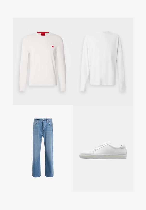 Weißer Rundhalsausschnitt-Pullover mit langen Ärmeln, aus weichem Stoff gefertigt. Verfügt über ein kleines rotes Logo-Patch auf der Brust und ein kontrastierendes rotes Etikett am Kragen.; Langärmliges weißes Baumwollhemd mit rundem Ausschnitt, seitlichen Schlitzen am unteren Rand und glatter Textur, von hinten präsentiert.; Helle blaue Jeans im Geradeschnitt-Design, mit fünf Taschen, Knopfverschluss, minimaler Ausbleichung und kontrastierenden Nähdetails.; Weißer Sneaker mit glattem Lederobermaterial und niedrigem Profil. Verfügt über eine runde Zehenpartie, sechs Ösen und eine strukturierte Gummisohle.