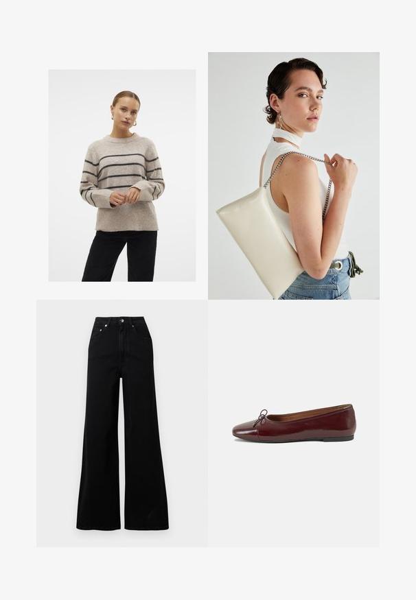 Vero Moda VMFLAWLESS O-NECK NOOS - Strickpullover - silver mink; Schwarze Jeans mit weitem Bein, gefertigt aus Denim, mit hoher Taille, fünf Taschen, vorderer Knopfverschluss und minimalen Nahtdetails.; Burgunderfarbenes, lackiertes Ballettschuh mit abgerundetem Zehenbereich, kleiner Schleifenakzent vorne und einer niedrigen, schwarzen Gummisohle. Glatte Textur.; Weiße rechteckige Clutch aus glänzendem Material mit einem silbernen Kettenriemen. Das Model posiert und präsentiert die Tasche vor einem schlichten Hintergrund.