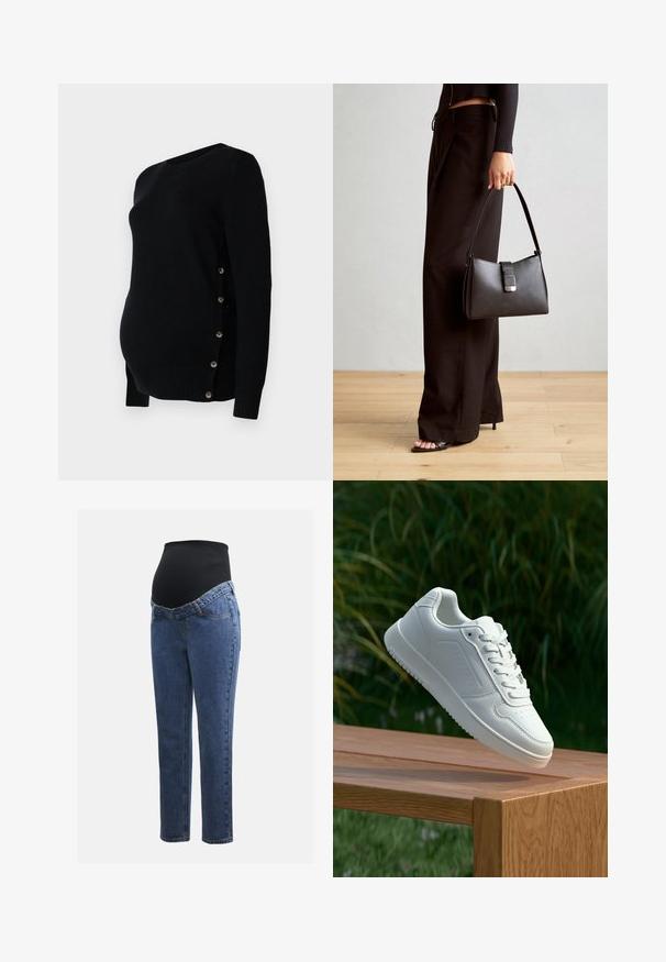 Fekete kismama pulóver, kerek nyakkivágással, bordás mandzsettákkal és oldalsó gombos részletekkel az állítható illeszkedésért. Puha kötött anyag.; Kismamaruhák kék farmer lábakkal és fekete rugalmas haspanellel, amely a növekvő pocakot támogatja és fedi.; Fehér sportcipő sima szintetikus felsőrésszel, perforált lábujjrész, lapos fűzőkkel és texturált talppal, fából készült felületen kihelyezve.; Fekete kézi táska strukturált formával, sima textúrával és fémből készült záródással. Széles fekete nadrággal és nyitott orrú szandállal párosítva, fából készült padlón.