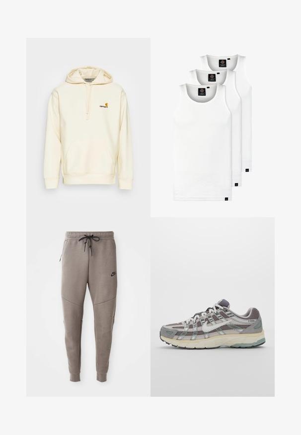 Pullover hoodie i off-white bomullsmix. Har en framficka, dragsko i huvan och broderad logotyp i brunt och gult på bröstet.; Tre vita ribbade linnen i bomull. Har rund halsringning och små svarta etiketter vid fållen. Finns i flera storlekar.; Grå Nike sweatpants med dragsko i midjan, avsmalnande ben, sidofickor och tydlig sömdekoration. Mjuk, strukturerad tyg.; Grå atletiska sko med en överdel av mesh och mocka, vita accenter, en vadderad sula och en unik design med reflekterande element.