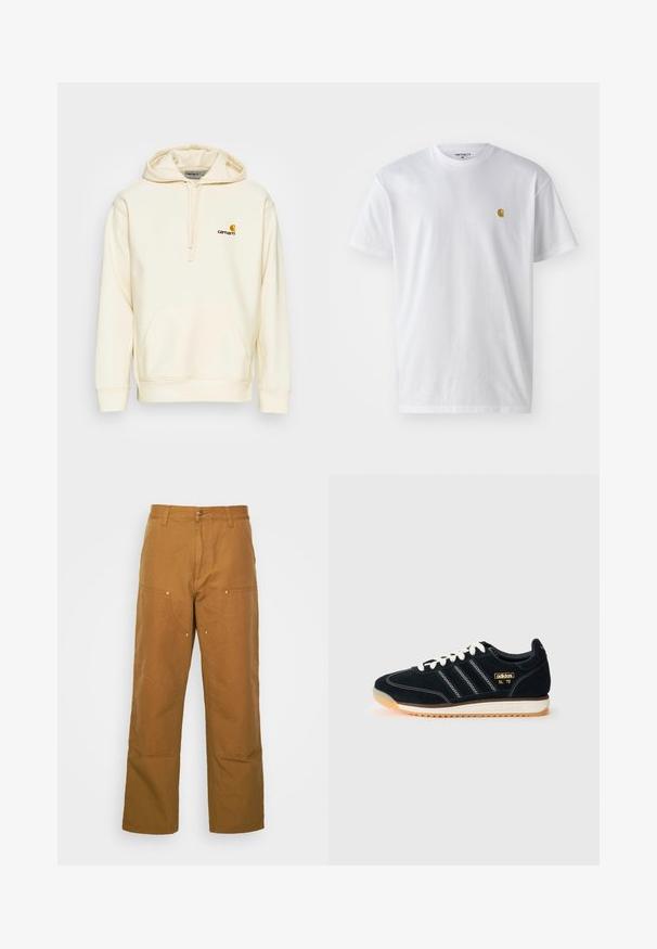 Pullover hettegenser i off-white bomullblanding. Har en frontlomme, hette med snor og brodert logo i brunt og gult på brystet.; Hvit bomull t-skjorte med korte ermer, rund hals, med en liten gulllogo på venstre brystområde. Myk tekstur og vanlig passform.; Brune bomull arbeidsbukser med rett ben-design, med frontlommer og metall detaljer for ekstra holdbarhet.; Sorte semskete sko med hvite snører, tre hvite striper på siden, teksturerte detaljer og en gummisåle med en svak oransje nyanse.