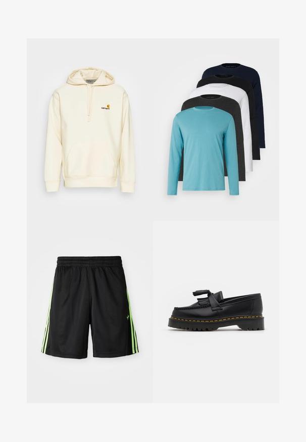 Sweat à capuche en mélange de coton écru. Il présente une poche sur le devant, une capuche avec cordon de serrage et un logo brodé en brun et jaune sur la poitrine.; Cinq T-shirts à manches longues alignés : turquoise, noir, blanc, gris foncé et bleu marine. Tissu doux avec un col rond et une coupe standard.; Shorts de sport noirs avec une taille élastique, présentant deux bandes verticales vert fluo de chaque côté et un petit logo sur le devant à gauche.; Mocassin en cuir noir avec un accent à frange, doté d'une semelle épaisse noire et d'une couture jaune le long du bord. Fini texturé.