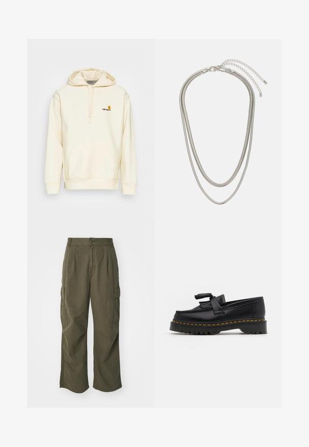 Pulover s kapuljačom od mješavine prirodnog pamuka u off-white boji. Ima prednji džep, kapuljaču sa vezicom i vezeni logo u smešnoj i žutoj boji na grudima.; Cargo hlače u maslinasto zelenoj boji, izrađene od pamuka, s širokim krojem, nabranim detaljima i bočnim džepovima za praktičnost.; Crna kožna loaferica s resicama, koja ima čvrst crni potplat i žute šavove duž ruba. Teksturirana završna obrada.; Necklace od tri sloja srebrnog metala s elegantnim, fleksibilnim lančićima blagog sjaja, zatvoren s karabinera i prilagodljivim lančićem.