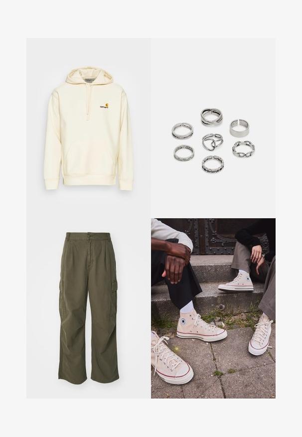 Pullover-Hoodie aus off-white Baumwollmischung. Verfügt über eine Fronttasche, eine Kapuze mit Kordelzug und ein gesticktes Logo in Braun und Gelb auf der Brust.; Cargo-Hosen in Olivgrün, aus Baumwolle, mit weitem Bein, Falten und seitlichen Taschen für Funktionalität.; Beige Canvas-Hochschuh-Sneaker mit rotem Streifen, weißer Gummisohle und Metall-Ösen, mit iconic Stern-Logo an der Seite.; Set aus sieben silbernen Ringen mit verschiedenen Designs, einschließlich verdrehter, verbundener und gravierter Muster. Unterschiedliche Formen und Breiten.