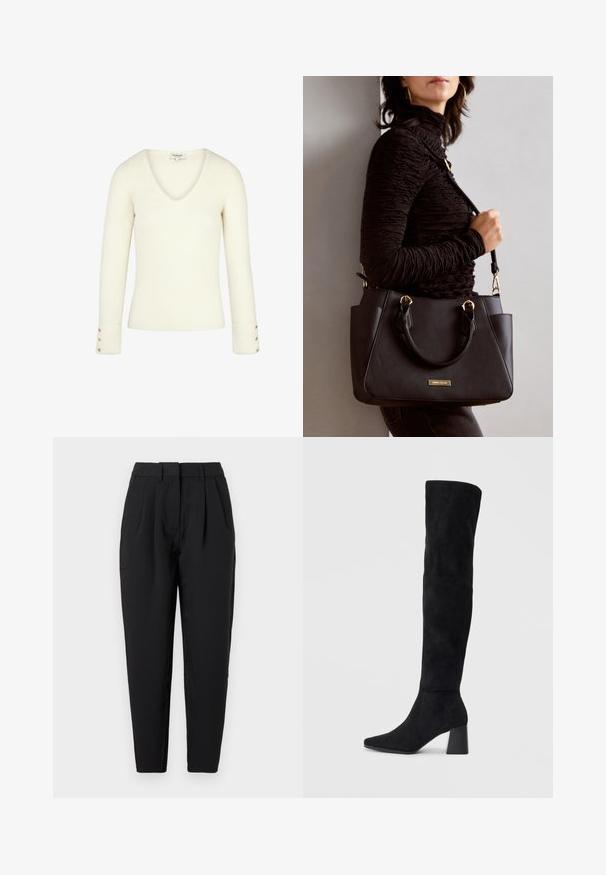 Witte geribbelde V-hals trui met lange mouwen en gouden knoopaccenten op de manchetten. Zachte textuur en getailleerd ontwerp.; Zwarte pantalon met een rechte pasvorm, voorzien van plooien aan de voorkant, een gladde structuur en zijzakken. De tailleband heeft een standaardhoogte.; Zwarte suède kniehoge laars met blokhak, spitse neus en een glad, naadloos ontwerp op een effen lichte achtergrond.; Zwarte handtas met gestructureerd oppervlak, dubbele bovenhandvatten en verstelbare schouderriem. Voorzien van goudkleurige hardware en zijzakken.