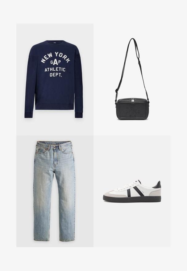 Tumedav sinine dressipluus, mis on valmistatud puuvillasegust, funktsioonidega ümmargune kaelus, pikad varrukad ja valge trükitud tekst: "NEW YORK GAP ATHLETIC DEPT."; Heledad hele sinine teksapükste kõrge vöökoht, ees nupuga, lukuga ja viie taskuga disain, asetatud tasasele neutraalsele taustale.; Valged tossud mustade ja hallide aktsentidega, tekstureeritud halli varbakattega, musta kummitald ja lamedad valged paelad. Puhtad jooned, minimalistlik stiil.; Musternast mustriga nahast ristiõlgadega kott, millel on tõmbluku sulgemine, esiküljel on sissepressitud logo ja reguleeritav rihm. Sile tekstuur ja ristkülikukujuline kuju.