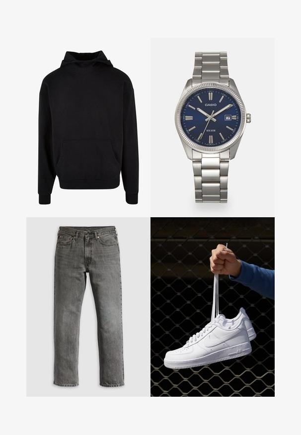 Czarna bluza z kapturem wykonana z miękkiego materiału, z kangurzą kieszenią, ściągaczami przy mankietach i luźnym krojem. Gładka textura, minimalistyczny design.; Szare dżinsy z denimu o prostym kroju nogawek, wyposażone w pięć kieszeni, miedziane nitów oraz widoczne przeszycia. Klasyczny design z zamkiem błyskawicznym.; Białe skórzane sneakersy z perforacjami, okrągłym noskiem, płaską podeszwą i grubymi sznurówkami, z widocznym logo swoosh i napisem „AIR” na pięcie.; Srebrny zegarek na stalowej bransolecie z niebieską tarczą, metalowymi indeksami godzinowymi oraz okienkiem daty na godzinie 3. Wodoodporny do 50 metrów.