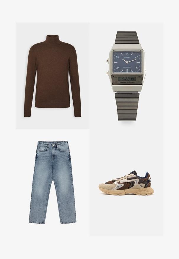 Pruun kõrge kaelusega villane sviiter, mis on valmistatud pehmest materjalist, omades pikki varrukaid, tsentreeritud disaini ning soonikust krae ja älgakujundust.; Heledad sinine teksad sirge lõikega, nähtavate õmblustega, viie taskuga disain ja nupuga kinnitamine vööl.; Beige ja pruun tenniset, millel on tekstuuriga võrgupaneelid, sametised aktsendid ja kummist tald. Omab nöörimise disaini ja bränditud detaile.; Casio digitaalne kell sinise kelladialiga, hõbedase korpuse ja kihilise musta kummirihmaga. Kuvab aega ja häiresätteid. Veekindel.