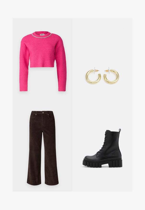 Rausvai dryžuotas megztukas su ilgomis rankovėmis, turintis dekoratyvų, deimantais papuoštą apykaklę. Minkšta tekstūra, kasdieniškas dizainas.; Vero Moda Petite VMTESSA PANTS - Kelnės - chocolate torte; Juodos odinės kulkšnės botai su masyviu, dantytu padu, raištelių užsegimu priekyje ir kilpeliu ant sklandaus balto fono.; Aukso auskarai su lygiu, blizgiu paviršiumi. Apvalus dizainas su maža užrakto dalimi ir skaidria atrama saugiam nešiojimui.