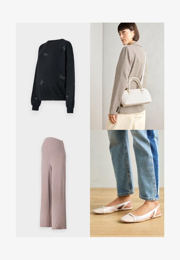 Hanorac negru cu manșete și tiv cu nervuri. Prezintă modele de fundițe argintii realizate din mici mărgele, dispuse uniform pe material.; Pantaloni largi, cu dungi, de culoare roz deschis, cu o talie fără cusături, realizati dintr-un material texturat, moale și având o siluetă relaxată.; Sandalete plate de un roz pal cu vârf ascuțit, realizate dintr-un material asemănător pielii, neted. Prezintă detalii decupate pe laterale și un toc plat.; Geantă structurată albă, cu mânere scurte și curea de umăr, având accente din metal aurit și material texturat, expusă pe un fundal gri.