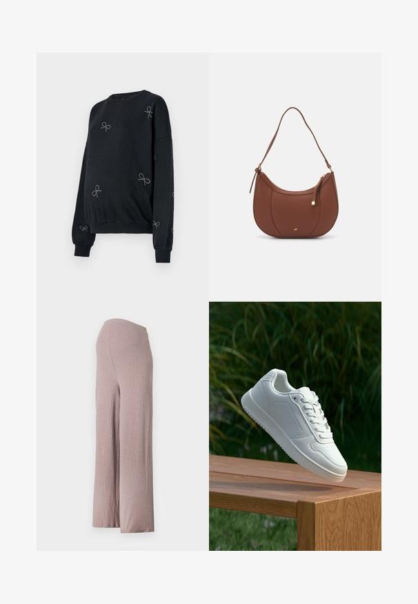 Melna sporta jakas ar ribotām aprocēm un apakšmalu. Uz auduma ir sudraba loku raksts, izveidots no maziem kniedēm, kas vienmērīgi izvietotas.; Gaiši rozā, ribotas, platās bikses ar bezšuvju jostu, kas izgatavotas no mīksta, teksturēta auduma un piedāvā brīvu siluetu.; Baltie sporta apavi ar gludu sintētisku augšpusi, perforētu pirkstu daļu, plakani šņorēm un rakstainu zoli, novietoti uz koka virsmas.; Brūns mākslīgās ādas pleca soma ar izliekta forma, minimāls šuvums un zelta toņa aparatūras akcenti. Aprīkota ar augšējo rāvējslēdzēju un regulējamu siksnu.