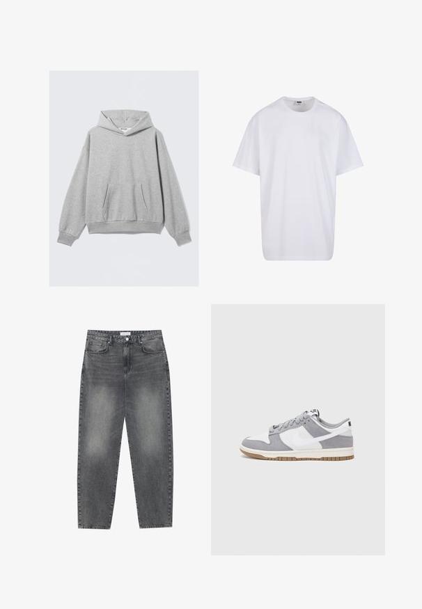 Lys grå hættebluser med lange ærmer, frontkangaroo-lomme, ribbede manchetter og kant, lagt fladt på en lys baggrund.; Hvid bomulds t-shirt med korte ærmer, rund halsudskæring, afslappet pasform, og ingen synlige logoer eller mønstre. Glat tekstur og minimalistisk design.; Høj talje, løstsiddende jeans i falmet sort denim. Har fem lommer, bæltestropper og et rent, lige ben design.; Grå og hvid sneaker med en overdel i ruskind og læder, rund tå, flade snørebånd og en gummisål med en gummifarvet detalje.