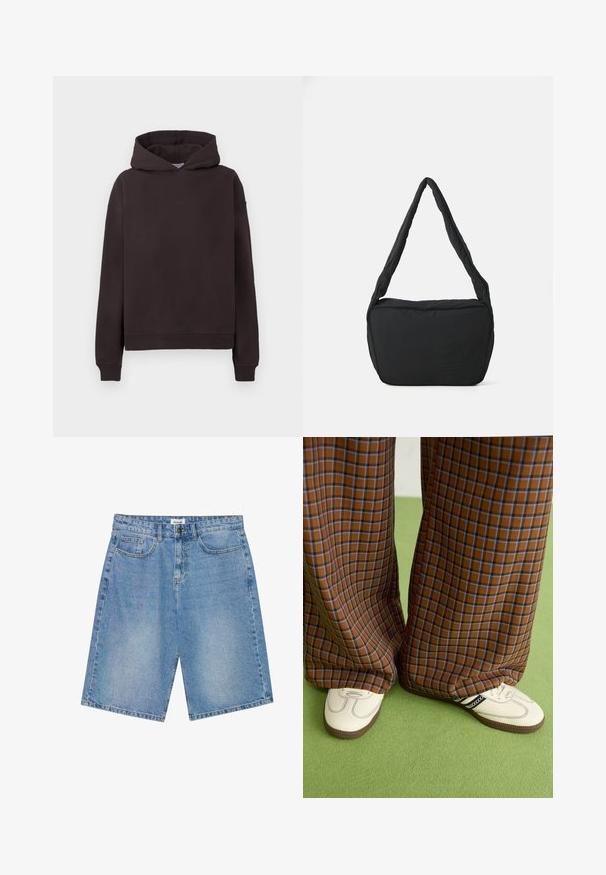 Tmavohnedá mikina s predným kengurím vreckom, ribbovanými manžetami a lemom, a logom "STUDIOS" v ladenej farbe na hrudi. Mäkká tkanina.; Džínové šortky svetlomodré farby so stredným strihom, dizajnom s piatimi vreckami a kontrastným prešívaním. Obsahujú zapínanie na gombík a zips.; Hnedé a modré kárované nohavice s širokými nohavicami skombinované s bielymi topánkami s čiernymi akcentmi a textúrovanými podrážkami, umiestnené na zelenom pozadí.; Čierna ramenná taška s polstrovanou textúrou, zaobleným tvarom a širokým popruhom, s embosovaným logom na prednej strane.