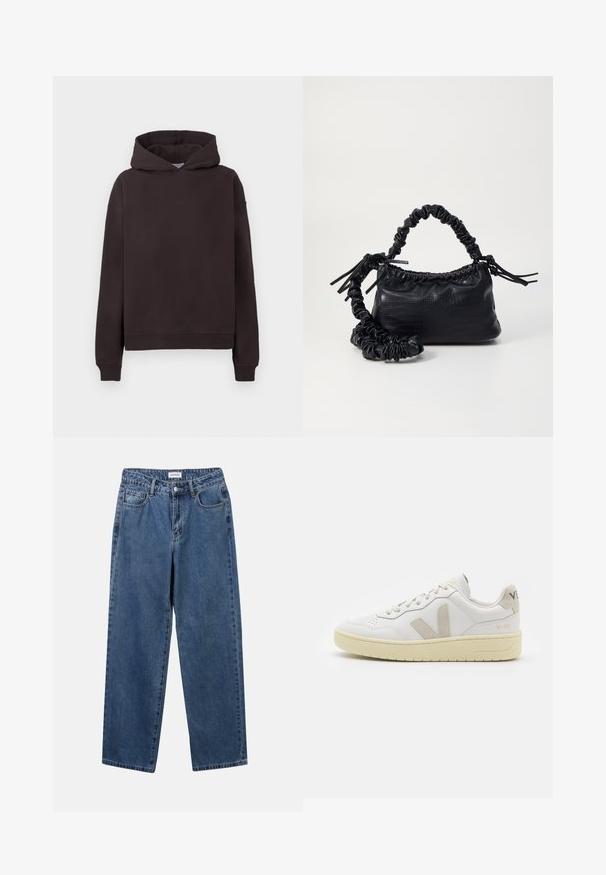 Tamno smeđa dukserica s prednjim kengur džepom, rebrastim manžetama i rubom, te "STUDIOS" logotipom u odgovarajućoj boji na prsima. Mekani materijal.; Klasične plave traperice s ravnim nogavicama, pet džepova i dugmadom za zatvaranje. Imaju srednje pranje i čvrstu teksturu.; Bijele kožne tenisice s bež nubuk naglascima, perforiranim prednjim dijelom, ravnim čipkama i teksturiranom kremastom potplatom. Sadrži suptilni brend na pete.; Crna torba od umjetne kože s teksturom krokodila, s cinčanim vrhom i naboranom trakom. Izgleda mekano i kompaktno u dizajnu.