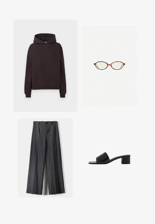 Temno rjava kapuca z sprednjim kengurujskim žepom, rebrastimi manšetami in robom ter logotipom "STUDIOS" v usklajeni barvi na prsih. Mehak material.; Hlače širokega kroja v temno sivi tkanini, z gumbnim zapenjanjem, sprednjimi naborki in zankami za pas. Gladka tekstura s prilagojenim dizajnom.; Črne usnjene sandale z odprtim prstom in širokim trakom ter trdim blokastim peto. Imajo gladko teksturo in minimalističen dizajn.; Kornjačaste očala z ovalnimi lečami in gladko, sijočo površino. Imajo tanke stranice z rahlim ovinkom na templjih. Prosojne leče.