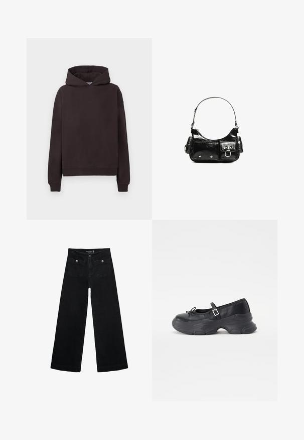 Tmavě hnědá mikina s klokaní kapsou, žebrovanými manžetami a lemem a logem "STUDIOS" ve shodné barvě na hrudi. Měkká tkanina.; Černé široké džíny s vysokým pasem, obsahující dvě přední kapsy a kovové knoflíkové detaily. Látka má hladkou texturu.; Černá kožená botička Mary Jane se zaoblenou špičkou, detailem mašle a nastavitelným páskem kolem kotníku. Disponuje chunky gumovou podrážkou s zakřivenými akcenty.; Černá lakovaná kožená kabelka s křivkovým tvarem, jedním ramenním popruhem, předními kapsami a stříbrnými kovovými detaily.