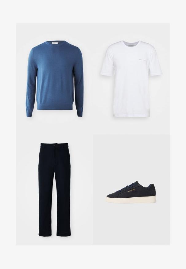 Mėlynas apvalios iškirptės megztinis, pagamintas iš švelnios medžiagos. Ilgos rankovės ir pintas apdaila. Minimalistinis dizainas be matomų raštų ar aksesuarų.; Balti trumpas rankovėmis marškinėliai, pagaminti iš medvilnės, su apvaliu kaklu ir mažyčiu spausdintu logotipu kairėje pusėje. Lygus paviršius, kasdieniškas siluetas.; Tamsiai mėlynos medvilninės kelnės, turinčios tiesioginį kirpimą, priekyje užsegamos mygtuku ir klasikine juosta su dirželio kilpom.; Tamsiai mėlynos zomšos žemos batai su balta siaura, tamsiai mėlynais raišteliais ir auksiniu logotipu „Filling Pieces“ šone.