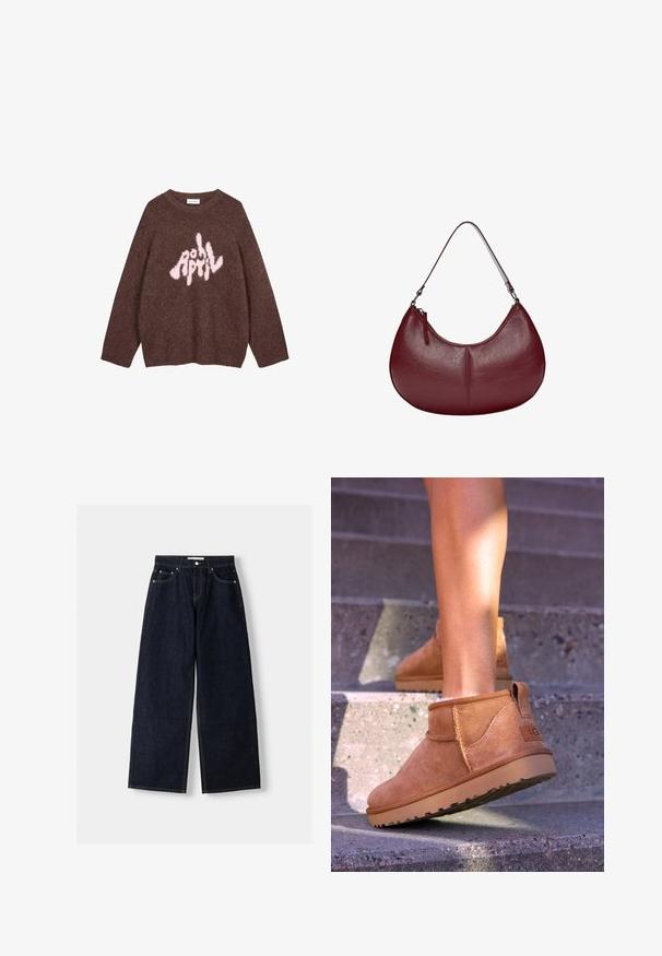 Rjav puhast pulover z dolgimi rokavi in krožnim ovratnikom, ki na prsih prikazuje roza grafični napis "APRIL" v igrivem, nepravilnem fontu.; Temno modri široki jeans z visokim pasom, petimi žepi, kontrastnim šivanjem in srebrnim kovinskim okovjem. Gladka tekstura in čista končna obdelava.; Svetlosive nobuck gležnjarji z mehko teksturo, všitimi detajli in gumijastim podplatom, z zanko na peti za enostavno obuvanje.; Burgundska usnjena torbica s ukrivljeno obliko. Ima en ramenski trak in zgornji zadrgo, ki prikazujeta gladko, teksturirano površino.