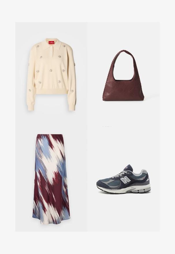 Pull en maille color crème, avec un col polo, orné de décorations florales en argent. Présente des poignets et un ourlet côtelés.; Jupe longue présentant un motif tie-dye diagonal en bordeaux, bleu et crème, fabriquée dans un tissu doux avec une silhouette fluide et un léger éclat.; Baskets New Balance avec un dessus en mesh et en daim marine, des accents gris, un logo blanc, une semelle rembourrée et des détails texturés.; Sac à main en cuir bordeaux avec une forme triangulaire, un haut ouvert et des détails tressés le long de la poignée. Texture lisse avec une finition mate.