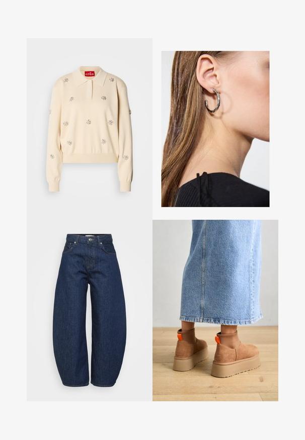 Krämfärgad stickad tröja med polo-krage, dekorerad med silverfärgade blommönster. Har ribbade manschetter och nederkant.; Mörkblå jeans i denim med en vid, avslappnad passform. Har dragkedja, fyra fickor och kontrasterande sömmar längs sömmarna.; Bruna mockakängor med plattform och elastiska sidopaneler samt orange dragflikar, till kombinerade med en knälång ljus denimkjol på ett trägolv.; Silverörhänge med polerad yta, med små detaljer i guld och rund form, bärs på loben.