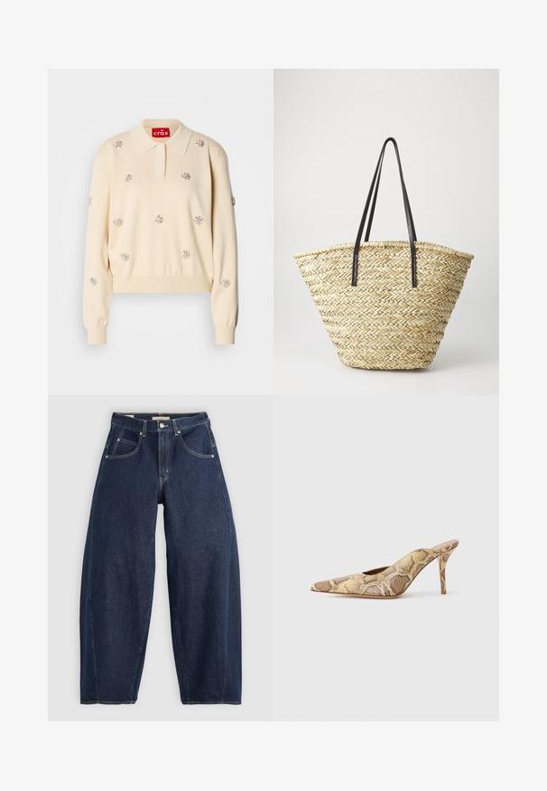 Suéter de malha de cor creme com gola polo, decorado com adornos florais prateados. Apresenta punhos e bainha canelados.; Jeans de ganga azul escuro com um corte largo, costura clara, cinco bolsos e fecho por botão na cintura.; Sapatos de salto slingback com bico apontado em padrão de pele de cobra texturizada com tons de bege e castanho; apresentam um salto agulha e laterais recortadas.; Bolsa de palha trançada com uma forma larga e afilada, apresentando duas alças em couro preto. Cor bege natural com uma superfície texturizada.