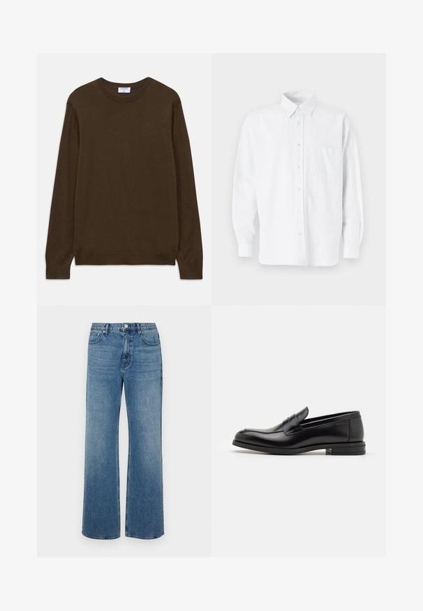 Rjav dolg rokav pulover s krojaškim ovratnikom in rebrastimi manšetami ter robom, označen z Filippa K, položen na belem ozadju.; Bela srajca z ovratnikom, ki ima subtilne navpične črte, dolge rokave, žep na prsih in klasičen zaobljen rob.; Modri široki jeans iz denima z izbledelim zaključkom. Imajo pet žepov, sprednje zapiranje na gumb in ravno krojenje.; Črne usnjene loafer čevlje z gladko teksturo, zaobljenim nosom in dekorativnim trakom čez zgornji del. Nizka zložena peta, minimalističen dizajn.