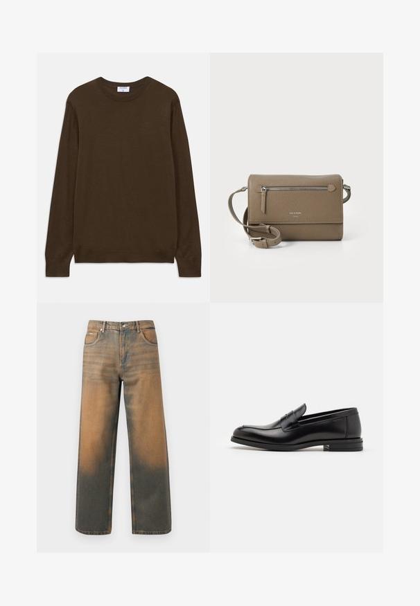 Brauner Langarm-Crewneck-Pullover mit gerippten Bündchen und Saum, etikettiert mit Filippa K, auf weißem Hintergrund liegend.; Weite Jeans aus verwittertem blauem und braunem Denim. Sie haben eine hohe Taille, Vorderseiten-Taschen und einen klassischen Knopfverschluss mit metallischen Akzenten.; Schwarze Lederloafers mit glatter Textur, rundem Zehenbereich und einem dekorativen Riemen über dem Vorderfuß. Niedriger, gestapelter Absatz, minimalistisches Design.; Taupe Leder Umhängetasche mit einem Reißverschluss-Frontfach, verstellbarem Schulterriemen, Strukturleder und geprägt Logo auf der Vorderseite.