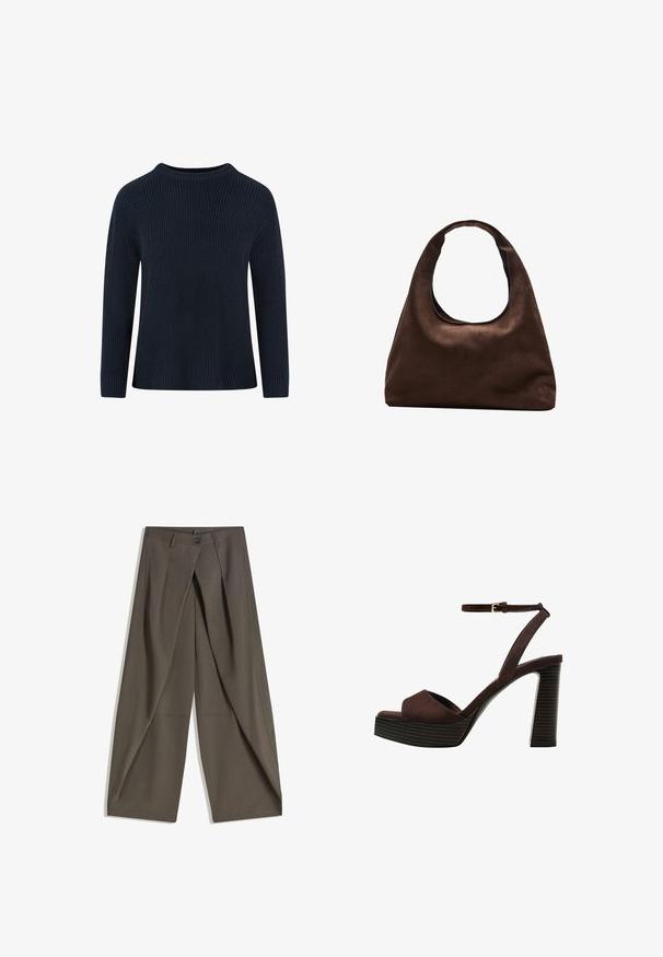 Maglione lavorato a maglia blu navy con collo rotondo, texture a coste, maniche lunghe e vestibilità comoda. Nessun motivo o dettaglio visibile.; Pantaloni a gamba larga realizzati in un tessuto testurizzato grigio scuro. Presentano una piega frontale, chiusura con bottone e tasche laterali per praticità.; Sandal in camoscio marrone con tacco alto, punta aperta, cinturino alla caviglia regolabile e suola a piattaforma striata.; Borsa hobo di un morbido marrone con una sola tracolla larga e un'apertura a manico curvo, esposta su uno sfondo bianco.